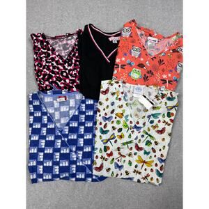 Lot Of 5 Mixed Brand Womens Scrub Top 4 Size XL 1 Size L Printed Short Sleeves